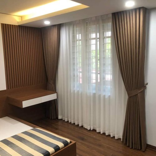 Rèm vải nâu hai lớp phòng ngủ